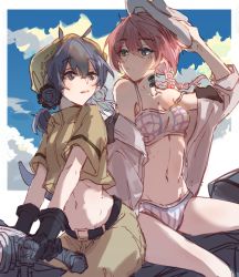  2girls animal_ears arknights bare_shoulders blue_eyes blue_hair blue_poison_(arknights) blue_poison_(shoal_beat)_(arknights) braid breasts camisole cleavage collarbone commentary_request e-fa-dorn glaucus_(arknights) glaucus_(exterminator_in_the_square)_(arknights) gloves highres long_hair looking_at_another midriff multiple_girls official_alternate_costume pink_hair riding small_breasts twin_braids  rating:Sensitive score:14 user:danbooru