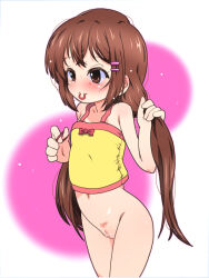  1girl blush bottomless breasts brown_eyes brown_hair camisole censored cleft_of_venus closed_mouth commentary_request cowboy_shot female_focus hair_ornament hair_tie_in_mouth hairclip hayami_ayumi holding_hair_tie loli mosaic_censoring mouth_hold navel pussy ryuu_ryuu small_breasts solo standing submarine_707r twintails white_camisole 