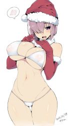 1girl 2016 alternate_costume artist_name bad_id bad_twitter_id bare_shoulders bikini blush breasts christmas dated elbow_gloves fate/grand_order fate_(series) female_focus fur_trim gloves hair_over_one_eye hat kamaboko_(ossann0125) large_breasts legs mash_kyrielight navel open_mouth purple_eyes purple_hair red_gloves santa_hat see-through see-through_silhouette short_hair simple_background solo spoken_blush swimsuit thigh_gap thighs white_background white_bikini rating:Questionable score:34 user:danbooru