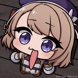  1girl :3 artist_name azur_lane bare_shoulders beret blue_eyes blue_hat blush bow brown_hair chibi closed_mouth commentary_request cross dated from_above gloves hair_bow hat hat_bow iron_cross red_footwear rock_zinc shoes solo standing striped_bow tongue tongue_out white_bow white_gloves wooden_floor z23_(azur_lane) 