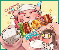  1boy 1girl beard blush border brown_hair chernobog_(housamo) chest_hair closed_eyes cooking corn drooling facial_hair food furry furry_male gloves green_border grilling head_scarf holding holding_plate holding_skewer hot_dog long_hair mouth_drool no_nose open_mouth plate protagonist_2_(housamo) skewer sparkle sparkling_eyes sumi_wo_hakuneko tokyo_houkago_summoners translation_request white_gloves 