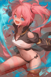  1girl :d ahoge asymmetrical_legwear black_panties blue_eyes breasts clothing_cutout commentary crop_top hair_between_eyes highres long_hair long_sleeves looking_at_viewer metatarou midriff milim_nava navel open_mouth panties pink_hair shoulder_cutout single_thighhigh small_breasts smile solo stomach striped_clothes striped_thighhighs tensei_shitara_slime_datta_ken thighhighs twintails underwear uneven_legwear very_long_hair  rating:Sensitive score:44 user:danbooru