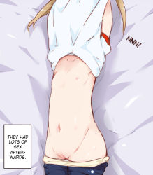  10s 1girl ascii_media_works blonde_hair cleft_of_venus clothes_lift clothes_pull female_focus flat_chest gym_uniform hachi_(orange) hard-translated loli lying meme misawa_maho navel nipples on_back panties panty_pull pussy rou-kyuu-bu! shirt_lift shorts shorts_pull solo they_had_lots_of_sex_afterwards_(meme) third-party_edit translated twintails uncensored underwear undressing  rating:Explicit score:237 user:StolenTranslations