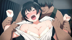 1girl 2boys black_hair blush bra breasts cleavage curtains dark_skin furrowed_brow grin kemuri_haku medium_breasts multiple_boys old old_man open_clothes open_mouth open_shirt rape restrained scared school_uniform shirt short_hair smile underwear rating:Questionable score:212 user:Lord_Flowers