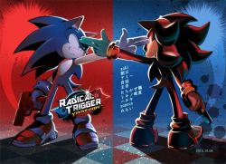  2boys artist_request black_fur blue_background blue_fur dated face-to-face finger_gun full_body furry furry_male gun holding holding_gun holding_weapon male_focus multiple_boys red_background sega shadow_the_hedgehog shoes smile sneakers sonic_(series) sonic_the_hedgehog teeth two-tone_background weapon  rating:General score:8 user:D101blogger