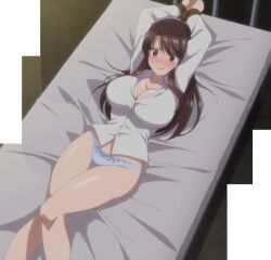  1girl bare_legs bed blush bound breasts brown_hair cleavage closed_mouth dress_shirt feet_out_of_frame female_focus highres ikazuchi_riko knees large_breasts legs long_sleeves navel panties red_eyes rope screencap secret_mission:_sennyuu_sousakan_wa_zettai_ni_makenai! shirt stitched thick_thighs thighs third-party_edit underwear white_shirt  rating:Questionable score:37 user:Toolman3829