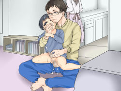  1girl 2boys age_difference anal apron barefoot bottomless censored cheating_(relationship) cum cumdrip dm-fc family father_and_son feet glasses highres incest male_penetrated mosaic_censoring multiple_boys original penis rape restrained sex shota sitting sitting_on_person small_penis yaoi  rating:Explicit score:142 user:harucho