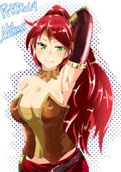  1girl arm_up armlet armpits bare_shoulders belt bompay breasts character_name cleavage collar elbow_gloves forehead_protector gloves green_eyes large_breasts long_hair ponytail pyrrha_nikos red_hair rwby smile solo  rating:Sensitive score:108 user:danbooru