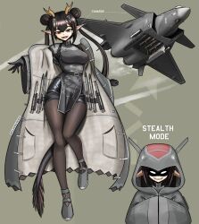  1girl absurdres aircraft airplane breasts canards coat commentary dress english_commentary english_text fangs fighter_jet full_body grey_background grey_coat grey_footwear highres horns j-20 jet long_sleeves military_vehicle missile multiple_views open_clothes open_coat original pandramodo pantyhose parted_lips people&#039;s_liberation_army people&#039;s_liberation_army_air_force personification pointy_ears simple_background smile standing tail teeth 