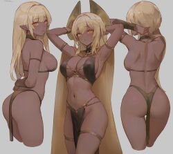  1girl armpits arms_up artist_name ass back backboob blonde_hair blush breasts cape chowbie dark-skinned_female dark_elf dark_skin elf from_behind from_side large_breasts long_hair multiple_views navel original pelvic_curtain pointy_ears revealing_clothes revision sideboob thigh_gap thigh_strap thighs yellow_cape yellow_eyes 