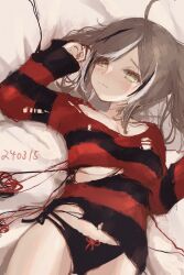  1girl ahoge bed_sheet black_panties black_sweater blush brown_hair emo_fashion highres hololive hololive_english huge_ahoge looking_at_viewer multicolored_hair nanashi_mumei nanashi_mumei_(emo) official_alternate_costume on_bed panties red_sweater shin5_art streaked_hair striped_clothes striped_sweater sweater torn_clothes torn_sweater twintails two-tone_sweater underwear virtual_youtuber yellow_eyes 