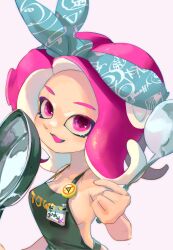  1girl :d apron bandana black_apron blue_bandana breasts cleavage frying_pan highres holding holding_ladle koike3582 ladle long_hair medium_breasts naked_apron nintendo octoling octoling_girl octoling_player_character open_mouth pink_eyes pink_hair sideboob simple_background smile solo splatoon_(series) suction_cups tentacle_hair white_background 