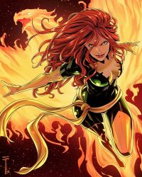  1girl bodysuit boots breasts elbow_gloves fire gloves green_bodysuit green_eyes highres jean_grey knee_boots long_hair looking_at_viewer marvel medium_breasts phoenix_(x-men) red_hair red_lips sash sergacuna signature solo two-tone_bodysuit waist_sash x-men yellow_bodysuit yellow_footwear yellow_gloves yellow_sash 
