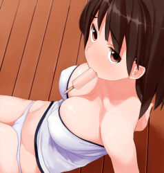  1girl arm_support bare_shoulders breasts brown_eyes brown_hair cameltoe cleavage cleft_of_venus covered_erect_nipples food from_above kaisen_chuui large_breasts leaning_back looking_at_viewer lowleg lowleg_panties mouth_hold original panties popsicle sitting solo strapless tube_top underwear wooden_floor  rating:Questionable score:45 user:danbooru