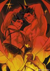  2boys absurdres baldur&#039;s_gate baldur&#039;s_gate_3 bara bare_pectorals character_request demon_boy demon_horns demon_tail demon_wings doufujintianxianle dungeons_&amp;_dragons feet_out_of_frame from_below gluteal_fold highres horns large_pectorals multiple_boys muscular muscular_male nipples no_nipples pectoral_docking pectoral_press pectorals pov pov_hands revealing_clothes short_hair sparkle sweat tail thick_thighs thighs wings 