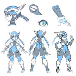  1girl android ass blue_eyes blue_hair breasts character_sheet close-up helmet highres maniacpaint matching_hair/eyes n01sb original profile robot smile solo thick_thighs thighs twintails wide_hips  rating:Sensitive score:66 user:danbooru