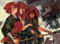 3girls abstract_background absurdres age_progression armor bags_under_eyes bandaged_arm bandages blood blood_on_face breastplate breasts bright_pupils chest_sarashi cleavage cloak closed_mouth commentary cowboy_shot english_commentary faceless fur_cloak green_kimono hair_between_eyes hair_bun half-closed_eyes highres holding holding_own_arm holding_polearm holding_weapon japanese_clothes kimono kohiu large_breasts long_bangs long_hair messy_hair multiple_girls multiple_persona off_shoulder pelt people polearm red_hair saliva saliva sarashi shut_hell shut_hell_(character) single_bare_shoulder single_hair_bun weapon white_pupils yellow_eyes