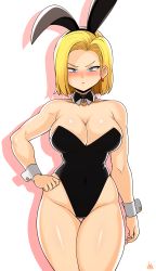  1girl :&lt; absurdres android_18 animal_ears arm_at_side bare_legs bare_shoulders blush bow bowtie breasts cameltoe cleavage collarbone covered_navel curvy detached_collar dragon_ball dragonball_z earrings fake_animal_ears hand_on_own_hip highleg highleg_leotard highres jewelry jmg large_breasts leotard no_bra nose_blush playboy_bunny rabbit_ears shiny_skin solo standing thick_thighs thigh_gap thighs wide_hips wrist_cuffs  rating:Sensitive score:220 user:danbooru