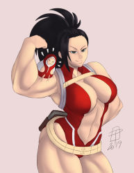  1girl bare_shoulders boku_no_hero_academia breasts callmepo cleavage flexing grey_eyes highres large_breasts muscular muscular_female ponytail solo yaoyorozu_momo 