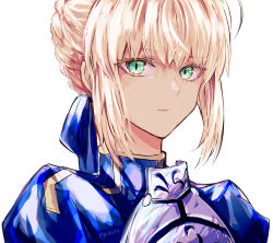  1girl armor artoria_pendragon_(all) artoria_pendragon_(fate) blonde_hair blue_dress blue_ribbon braid breastplate closed_mouth dress fate/stay_night fate_(series) green_eyes hair_ribbon highres looking_at_viewer portrait ribbon saber_(fate) short_hair sidelocks simple_background sodamachi solo twitter_username white_background 