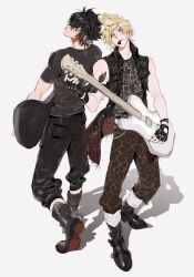  2boys back-to-back bandana black_bandana black_footwear black_gloves black_hair black_nails black_pants black_shirt black_vest blonde_hair blue_eyes boots bright_pupils brown_pants cargo_pants chain colored_shoe_soles commentary english_commentary final_fantasy final_fantasy_xv fingerless_gloves full_body gloves grey_background grey_shirt guitar half-closed_eyes highres holding holding_guitar holding_instrument holding_plectrum instrument looking_back male_focus mouth_hold multiple_boys noctis_lucis_caelum open_mouth pants plaid plectrum prompto_argentum shirt short_hair simple_background smile spiked_hair studded_vest t-shirt toned toned_male vest xevir3399 