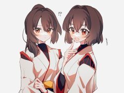 !? +++ 2girls blush breasts brown_hair closed_mouth crossed_bangs grey_background hair_between_eyes highres hyuuga_(kancolle) ise_(kancolle) japanese_clothes kantai_collection kazeshio looking_at_viewer medium_breasts multiple_girls open_mouth orange_eyes ponytail red_eyes short_hair simple_background undershirt upper_body wide_sleeves