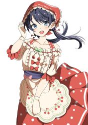  1girl :d artistic_error blue_eyes blue_hair bow cherry_earrings cherry_picnic_(love_live!) collarbone commentary cowboy_shot dark_blue_hair djpwjd1 dress dress_bow earrings floating_hair food-themed_clothes food-themed_earrings food_themed_earrings gloves hat highres jewelry link!_like!_love_live! long_hair looking_at_viewer love_live! low_twintails medium_dress murano_sayaka off-shoulder_dress off_shoulder official_alternate_costume open_mouth red_bow red_dress red_hat short_sleeves smile solo teeth twintails upper_teeth_only virtual_youtuber white_dress white_gloves 