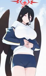 1girl absurdres black_hair black_wings blue_archive blue_jacket blue_shorts breasts closed_mouth cloud cowboy_shot dokshuri from_below gym_shirt gym_shorts gym_uniform hair_between_eyes halo hasumi_(blue_archive) hasumi_(track)_(blue_archive) highres inconvenient_breasts jacket large_breasts long_hair long_sleeves looking_at_viewer looking_down low_wings mole mole_under_eye off_shoulder official_alternate_costume partially_unzipped ponytail red_eyes red_halo shirt short_sleeves shorts sky solo track_jacket undersized_clothes very_long_hair wavy_mouth white_shirt wings zipper_pull_tab