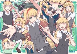  1girl :d ;d \m/ ^_^ arm_behind_head arms_up bad_id bad_twitter_id blazer blonde_hair blue_jacket blunt_bangs bullfalk closed_eyes closed_mouth collared_shirt commentary dragon dress dress_shirt green_background green_eyes green_shirt grey_dress hairband hands_up heanna_sumire jacket leg_up long_sleeves looking_at_viewer love_live! love_live!_superstar!! multiple_views one_eye_closed open_clothes open_jacket open_mouth parody parody_request pinafore_dress red_hairband sanpaku school_uniform shirt short_dress short_sleeves sidelocks sleeveless sleeveless_dress smile standing summer_uniform symbol-only_commentary teeth thighhighs upper_teeth_only v-shaped_eyebrows white_shirt white_thighhighs winter_uniform yuigaoka_school_uniform 