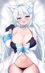 1girl absurdres animal_ears arm_under_breasts black_bra black_gloves black_panties blue_eyes blue_ribbon blush borrowed_character bra breasts crescent detached_collar elegant_(sumisumi4268) flower fox_ears gloves hair_flower hair_ornament highres large_breasts long_hair long_sleeves looking_at_viewer lying micro_panties navel open_clothes open_mouth original panties ribbon smile solo underwear white_hair 