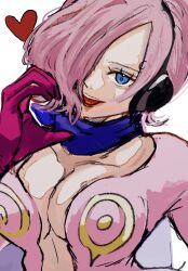  1girl blue_eyes blue_hair blue_neckerchief breasts cleavage commentary_request curly_eyebrows dress gloves hair_over_one_eye headphones heart highres looking_at_viewer medium_hair neckerchief one_piece pink_dress pink_gloves pink_hair ri_fanart simple_background solo tongue tongue_out vinsmoke_reiju white_background 