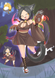  1girl :d ahoge animal_ears animal_hands bell bird black_hair breasts brown_dress brown_footwear cat_ears cat_girl cat_tail cleavage closed_mouth clothing_cutout commentary_request dress facial_mark fangs full_body geta ghost gloves grass highres hitodama jingle_bell kyuumei_neko_(onmyoji) large_breasts lets0020 long_hair long_sleeves looking_at_viewer multiple_tails neck_bell one_eye_closed onmyoji open_mouth paw_gloves shoulder_cutout smile socks standing standing_on_one_leg tabi tail tengu-geta tree triangular_headpiece two_tails whisker_markings white_socks wide_sleeves 