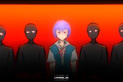  1girl 4others :| absurdres ayanami_rei blue_hair closed_mouth highres layzee_15 lineup looking_at_viewer multiple_others neon_genesis_evangelion red_background red_eyes red_ribbon ribbon self-upload 
