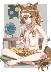  1girl absurdres ahoge animal_ears artist_name barefoot border breasts brown_hair closed_mouth electric_fan grey_background hair_between_eyes hair_down highres horse_ears horse_girl horse_tail indian_style indoors jungle_pocket_(umamusume) long_hair looking_at_viewer mouth_hold nail_polish notched_ear on_pillow paw_print shorts sitting small_breasts solo table tail toenail_polish toenails toes topless towel towel_around_neck umamusume utm_iota white_border yellow_eyes yellow_shorts 