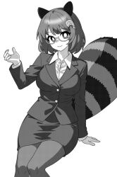  1girl animal_ears breasts buttons collared_shirt commentary_request cowboy_shot formal futatsuiwa_mamizou greyscale hair_ornament hand_up jacket leaf_hair_ornament long_sleeves looking_at_viewer medium_breasts mib_mamizou monochrome office_lady onkn_sxkn raccoon_ears raccoon_girl raccoon_tail round_eyewear shirt short_hair simple_background sitting skirt smile solo suit tail thighhighs touhou white_background  rating:General score:3 user:danbooru