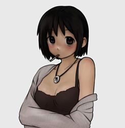  1girl aphex_twin black_camisole black_hair blush bob_cut breasts brown_eyes camisole cigarette cleavage closed_mouth collarbone commentary crossed_arms grey_shirt ichigo_mashimaro itou_nobue jewelry looking_at_viewer medium_breasts mouth_hold necklace off_shoulder open_clothes open_shirt pendant shirt short_hair simple_background single_bare_shoulder smoking solo upper_body upturned_eyes white_background zoolpal 