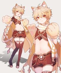  1boy absurdres aether_(genshin_impact) ahoge animal_ear_fluff animal_ears animal_hands artist_name baggy_shorts belt blonde_hair boots braid brown_belt brown_footwear brown_shirt brown_shorts cat_ears cat_tail closed_mouth earrings fang genshin_impact grey_background hair_between_eyes hair_ornament hair_ribbon hands_up highres jewelry long_hair looking_at_viewer looking_to_the_side male_focus navel open_mouth raramuda_0101 ribbon scarf shadow shirt short_shorts short_sleeves shorts simple_background single_earring smile solo star_(symbol) tail watermark white_ribbon white_scarf yellow_eyes  rating:General score:28 user:danbooru