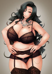  1girl bare_shoulders belly black_bra black_hair black_panties blush bra breasts cleavage collarbone covered_erect_nipples curvy eyelashes garter_belt green_eyes hands_on_own_hips highres huge_breasts ishii_akira jewelry lace lace-trimmed_panties lace_bra lace_trim lingerie lips long_hair looking_at_viewer mole mole_under_eye navel necklace nipples original panties pearl_necklace plump raised_eyebrows see-through smile solo standing thick_thighs thighs underwear underwear_only very_long_hair wide_hips  rating:Questionable score:142 user:danbooru