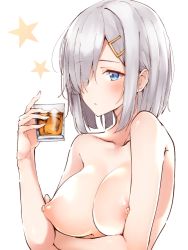 1girl alcohol blue_eyes blush breast_hold breast_press breasts closed_mouth collarbone commentary_request eyes_visible_through_hair glass hair_ornament hair_over_one_eye hairclip hamakaze_(kancolle) hechi_(hechi322) highres kantai_collection large_breasts looking_at_viewer nipples short_hair silver_hair solo star_(symbol) upper_body white_background rating:Questionable score:23 user:danbooru