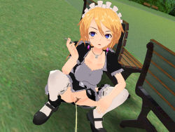 1girl 3d 3d_custom_girl angry bar_censor bench black_dress black_footwear blonde_hair blue_eyes blush breasts censored cigarette collarbone dress earrings eroi_hito grass holding jewelry looking_at_viewer maid maid_headdress mary_janes medium_breasts necklace open_mouth peeing pubic_hair pussy shoes short_hair short_sleeves squatting thighhighs tree white_thighhighs rating:Explicit score:7 user:cpee