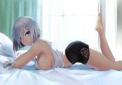 1girl alternate_costume arched_back backlighting bare_legs barefoot bed black_shorts blue_eyes blush breasts closed_mouth curtains eyes_visible_through_hair from_side gloves hair_ornament hair_over_one_eye hairclip hamakaze_(kancolle) highres indoors kantai_collection large_breasts looking_at_viewer looking_to_the_side lying no_bra on_bed on_stomach pillow short_hair shorts sideboob silver_hair sleeveless smile solo tank_top wa_(genryusui) white_gloves rating:Questionable score:193 user:danbooru