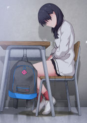 10s 1girl bag black_hair black_skirt chair closed_mouth desk faceless faceless_female female_focus from_side full_body gloom_(expression) gridman_universe head_tilt highres indoors jacket long_sleeves maanii miniskirt pee peeing peeing_self pleated_skirt profile puddle red_socks school_chair school_desk shaded_face shoes sitting skirt socks solo ssss.gridman steam takarada_rikka wet wet_clothes white_footwear white_jacket rating:Questionable score:85 user:AngryZapdos