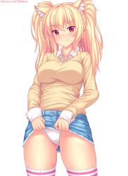 &gt;:) 1girl animal_ear_fluff animal_ears blonde_hair blue_skirt blush breasts brown_sweater cat_ears closed_mouth clothes_lift collared_shirt commentary_request denim denim_skirt hair_between_eyes highres lifting_own_clothes long_hair long_sleeves medium_breasts nottytiffy original panties red_eyes shirt simple_background skirt skirt_lift sleeves_past_wrists slit_pupils smile solo striped_clothes striped_thighhighs sweater thighhighs tiffy_(nottytiffy) twintails underwear v-shaped_eyebrows watermark web_address white_background white_panties white_shirt rating:Sensitive score:62 user:danbooru