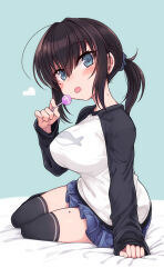  1girl aqua_eyes black_hair black_shirt black_thighhighs blue_skirt blush breasts candy commentary_request food hair_between_eyes highres large_breasts lollipop long_hair long_sleeves looking_at_viewer miniskirt mole mole_under_eye null_(nyanpyoun) on_bed original ponytail shirt sitting skirt solo thighhighs two-tone_shirt white_shirt yokozuwari zettai_ryouiki 