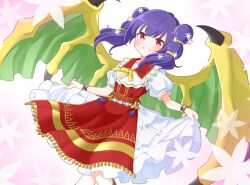  1girl commission dragon_wings dress fire_emblem fire_emblem:_the_sacred_stones fire_emblem_heroes flower hair_flower hair_ornament highres ikonaska myrrh_(fire_emblem) myrrh_(valentine)_(fire_emblem) nintendo official_alternate_costume puffy_short_sleeves puffy_sleeves purple_hair red_dress red_eyes short_sleeves skeb_commission skirt_hold smile solo twintails white_dress wings 