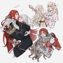  !? 6+girls alternate_hairstyle armor armored_dress black_gloves black_robe blonde_hair blush bow breastplate commentary cordelia_(fire_emblem) cropped_torso dress drill_hair english_commentary eye_contact fire_emblem fire_emblem_awakening gauntlets gloves grey_hair hair_bow hair_brush highres hood hood_down hooded_robe hug lissa_(fire_emblem) long_hair looking_at_another maribelle_(fire_emblem) multiple_girls nintendo oratoza profile red_eyes red_hair robe robin_(female)_(fire_emblem) robin_(fire_emblem) short_hair simple_background sully_(fire_emblem) sumia_(fire_emblem) sweatdrop twin_drills twintails white_background white_bow white_hair wing_hair_ornament yuri 