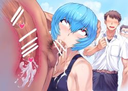 1girl :&gt;= ayanami_rei bar_censor blue_hair blush censored cum cum_in_mouth cum_in_throat cum_on_clothes deepthroat ejaculation fellatio head_grab hetero moaning mogudan neon_genesis_evangelion one-piece_swimsuit oral penis public_indecency red_eyes rolling_eyes short_hair swimsuit tears x-ray rating:Explicit score:148 user:Theref
