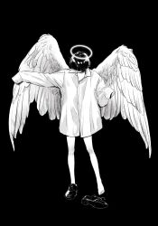  1other absurdres androgynous angel angel_wings bare_legs black_background collared_shirt feathered_wings full_body greyscale hair_over_eyes highres knees long_sleeves looking_at_foot monochrome original other_focus oversized_clothes sae_sae shirt shoes short_hair simple_background single_barefoot sleeves_past_fingers sleeves_past_wrists solo standing toes traditional_halo unworn_shoe wings 