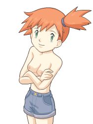  1girl blue_shorts breasts cowboy_shot creatures_(company) crossed_arms denim denim_shorts female_focus from_above game_freak green_eyes hair_tie hisafumi jaggy_lines looking_up misty_(pokemon) nintendo orange_hair pokemon pokemon_(anime) pokemon_(classic_anime) short_hair short_shorts shorts side_ponytail small_breasts smile solo standing topless transparent_background 