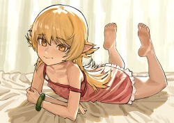  1girl absurdres an_yb barefoot bed_sheet blonde_hair bracelet closed_mouth commentary dress feet feet_up flat_chest frilled_dress frills green_bracelet hair_between_eyes highres jewelry light_blush light_smile long_hair looking_at_viewer lying monogatari_(series) on_stomach oshino_shinobu pink_dress pointy_ears sleeveless sleeveless_dress soles solo strap_slip the_pose toes yellow_eyes 